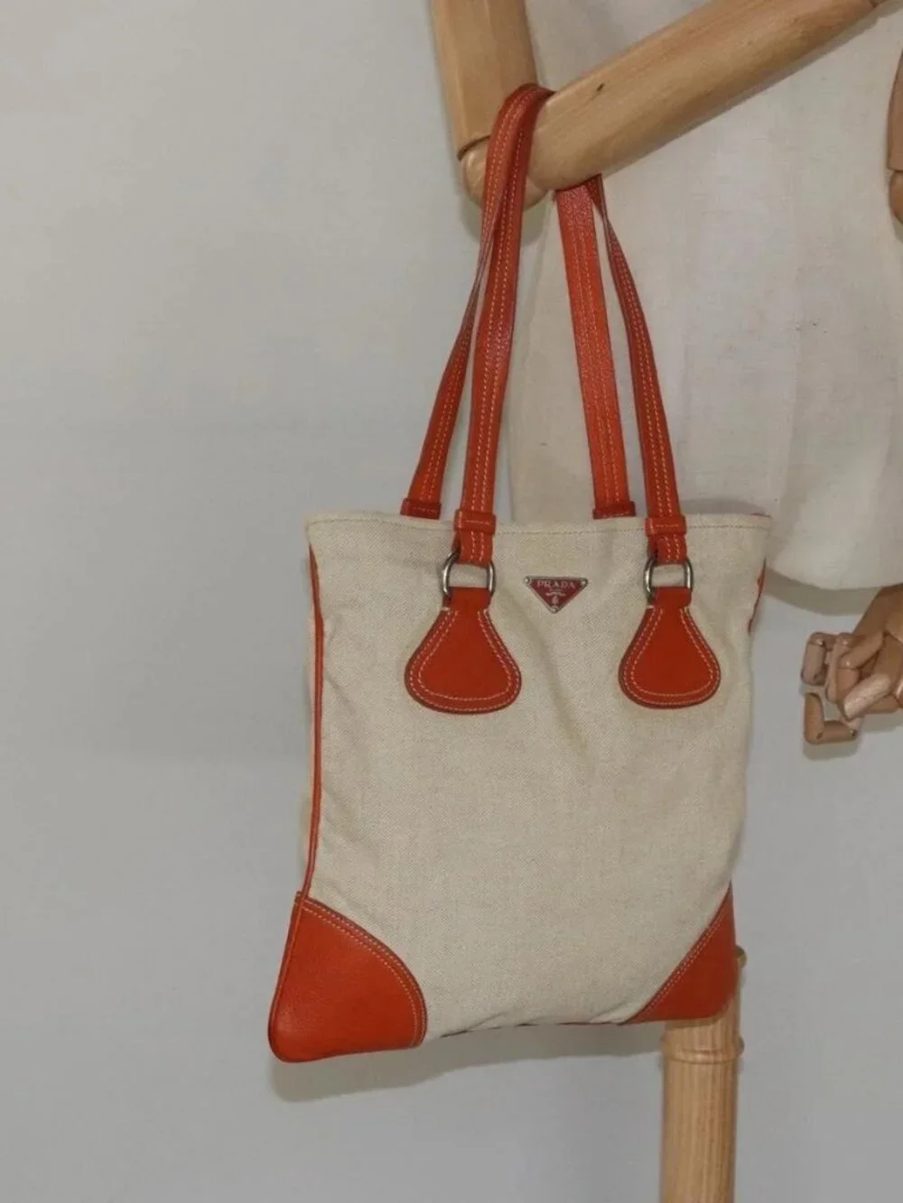 PRADA Hand Bag Canvas Beige Silver Auth EC559